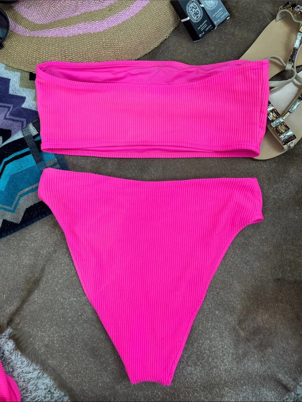 Frankies Bikinis 3 Pc Bikini Ribbed Set Austin, Jenna, Hi Cut Full Bottom Bandea